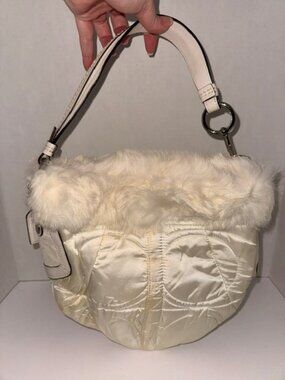 Vintage Coach Y2K Ivory Rabbit Fur Trim Hobo Shoulder Bag + Dust Bag